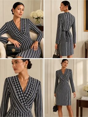 Tory Burch Wrap Dress Black White Striped Knit Long Sleeve Size L